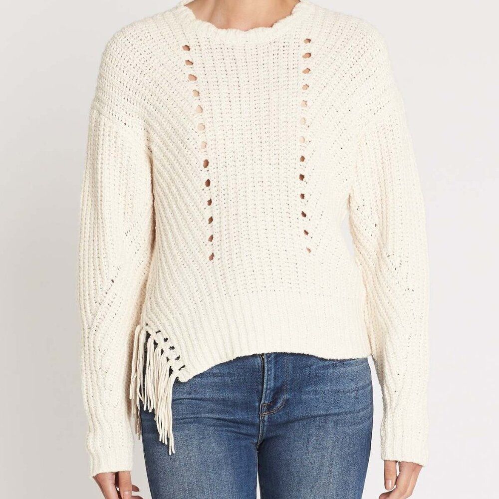 Joie Taelar Size XS Relaxed Ivory Crew Neck Sweater with Tassles Boho Fringe